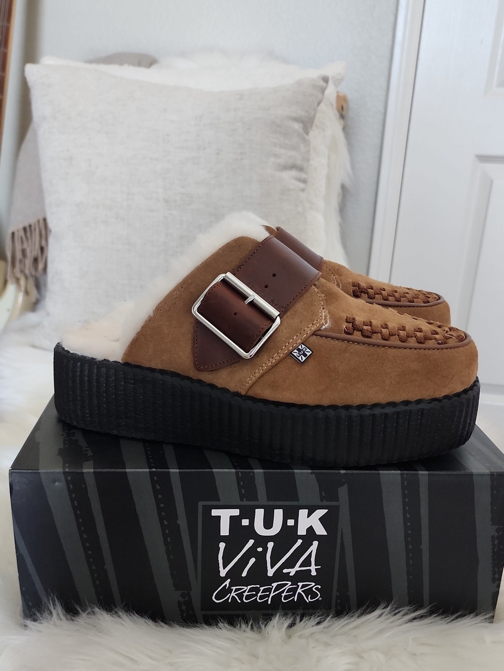 T.U.K Women Tan Suede Faux Fur Buckle Creeper Clog - Tan/Brown